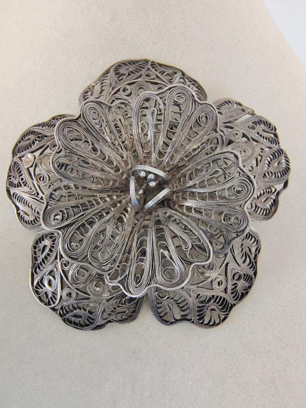Vtg Sterling Silver 925 3D Filigree Flower Brooch Pin 3" Statement 1950s Tested